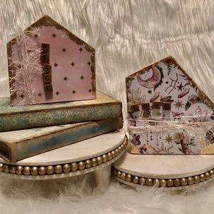 Wood Boho Wood House Set - 4x4 Wood Block Decor, Outdoor Porch Decoration Fall,